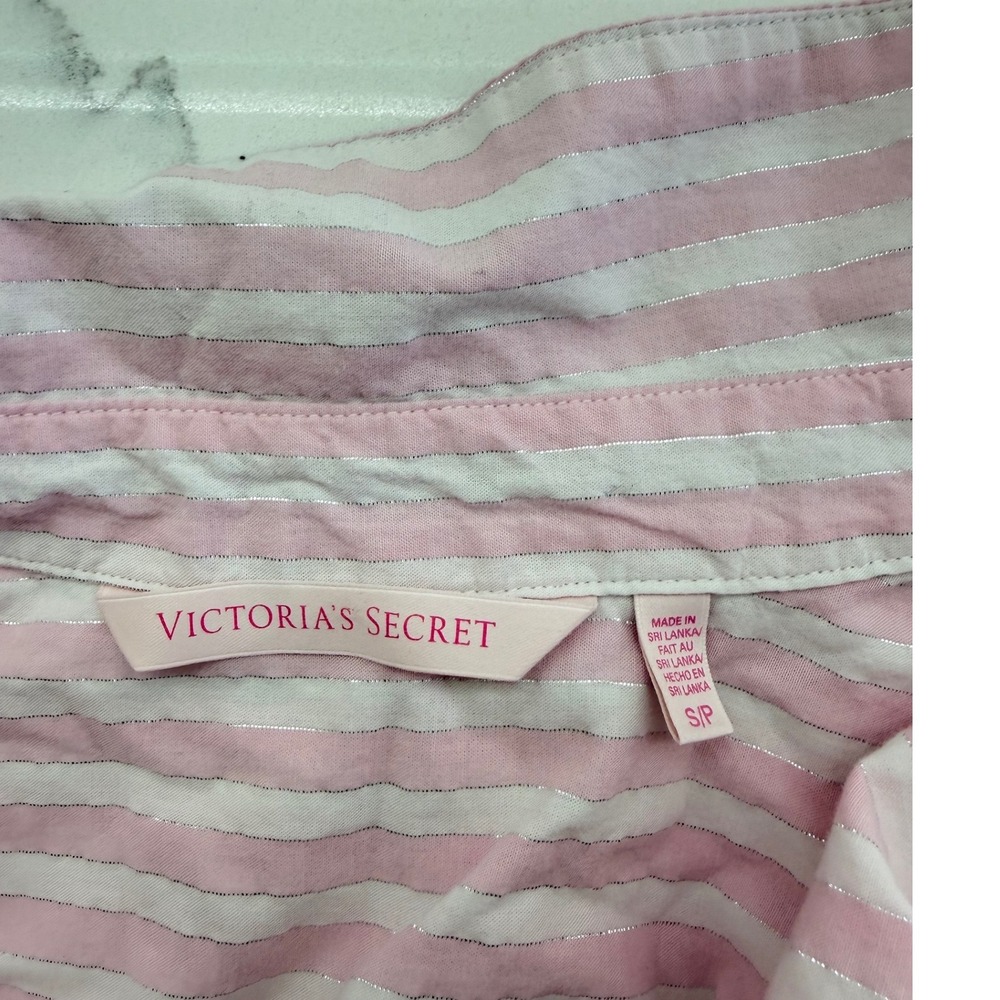 Victorias Secret Sleep Shirt Womens S Pink Cotton Striped Metallic Boyfriend Fit - Picture 13 of 13